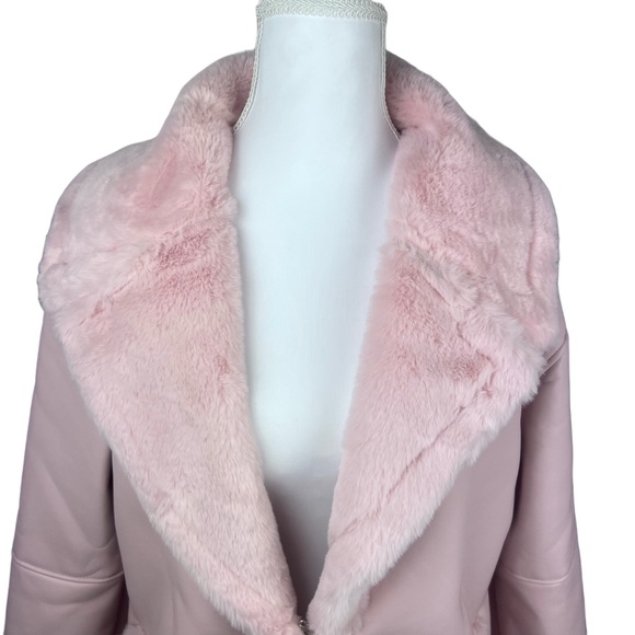 NWT Generation Kiss Nessa Midi Coat Pink Faux Leather Faux Fur Trim Size Medium - Picture 3 of 7